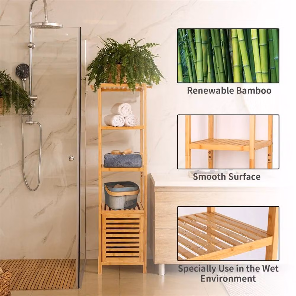 Havendro Tall Slim Bamboo Bathroom Cabinet Storage Unit in Brown, H 140 x W 33 x D 33 cm – 2