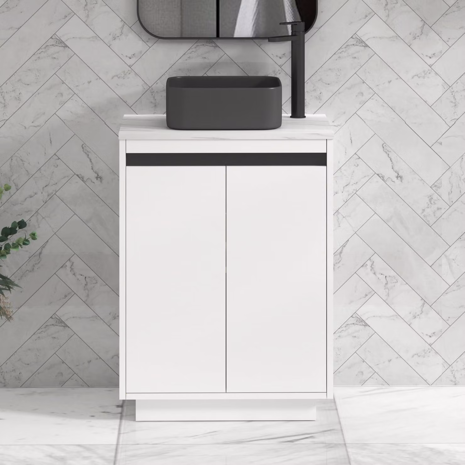 Royal Bathrooms Orion 600mm Matt White Floor Standing Countertop Vanity Unit with Art Square Basin and Black Accent Trim