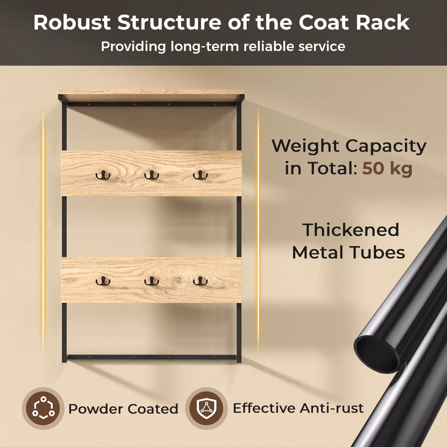 Costway Natural Wooden Wall Mounted Entryway Coat Rack and Shelf with Metal Hooks – 3