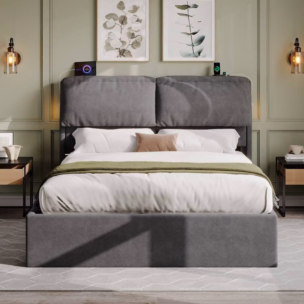 Matteo King Size Velvet Upholstered Ottoman Bed with Storage, USB Charging and LED Lighting in Grey, W/D/H: 180 x 200 cm – 4