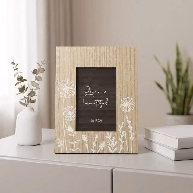 Garden Greatness Rustic Wooden Floral Tabletop Photo Frame in Brown, 10 x 15 cm