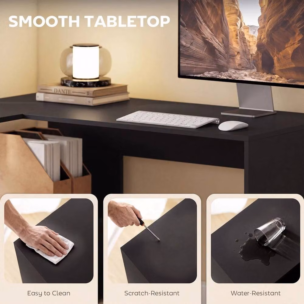 FORGEVIO Black L-Shaped Corner Computer Desk with Fabric Drawer – 4