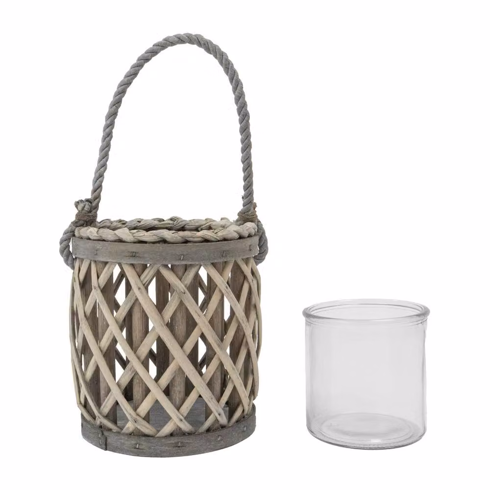 JVL Luna Set of 2 Grey Natural Willow Wood Tabletop Lanterns with Braided Rope Handles – 3
