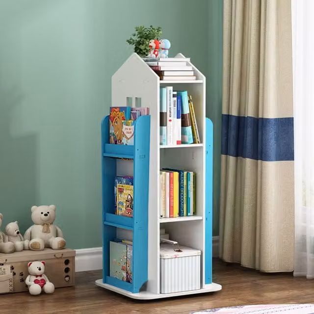 Livingandhome Blue Lacquered Wooden Swivel Bookcase for Children