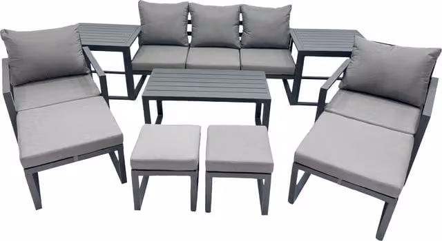 Fimous 9 Seat Aluminium Lounge Set in Dark Grey with 3 Seater Sofa, Coffee Table and 4 Stools