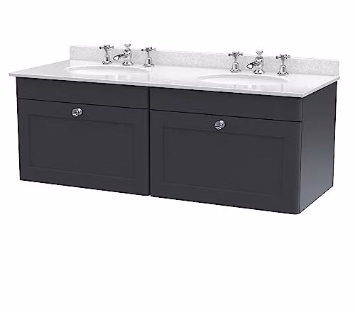 nuie Classique Traditional Wall Hung Bathroom Vanity Unit with 2 Drawers, 3 Tap Hole Double Marble Top and Round Basin, Soft Black and White