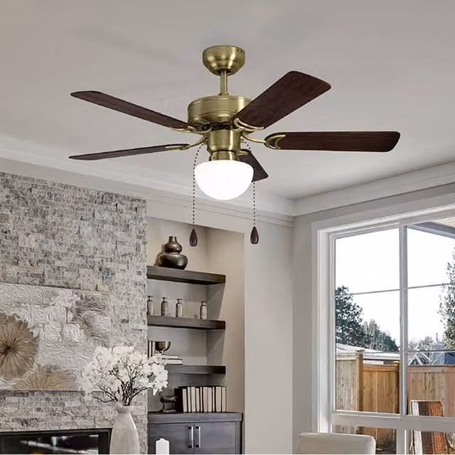 Eglo Cadiz Ceiling Fan Light in Brass and Wood with Glass Details