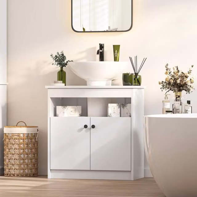 KEEPREAPER Mid-Century Style Freestanding Under Sink Bathroom Cabinet with 2 Hinged Doors in White