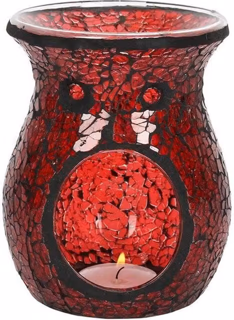 KDMD Large Red Crackle Glass Tabletop Oil Burner and Tealight Lamp