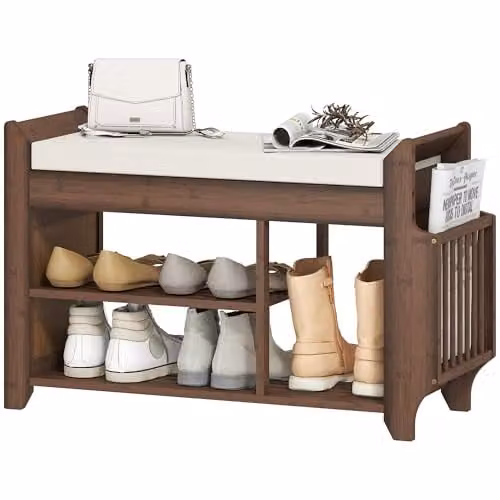 HOMCOM Modern Shoe Bench and Hallway Shoe Rack with Cushioned Seat in Brown and Beige, W/D/H: 80 x 30 x 50 cm – 1