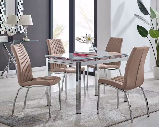 FurnitureboxUK Enna White Glass Extending Dining Table and 4 Isco Chairs in Cappuccino