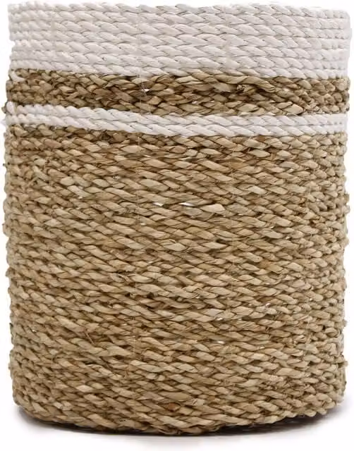 KDMK Handcrafted Brown Seagrass Vase and Bin Set with Striped Open Weave Boho Design