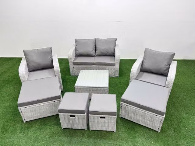 Fimous PE Rattan Love Sofa Reclining Chair Set with 4 Footstools in Light Grey