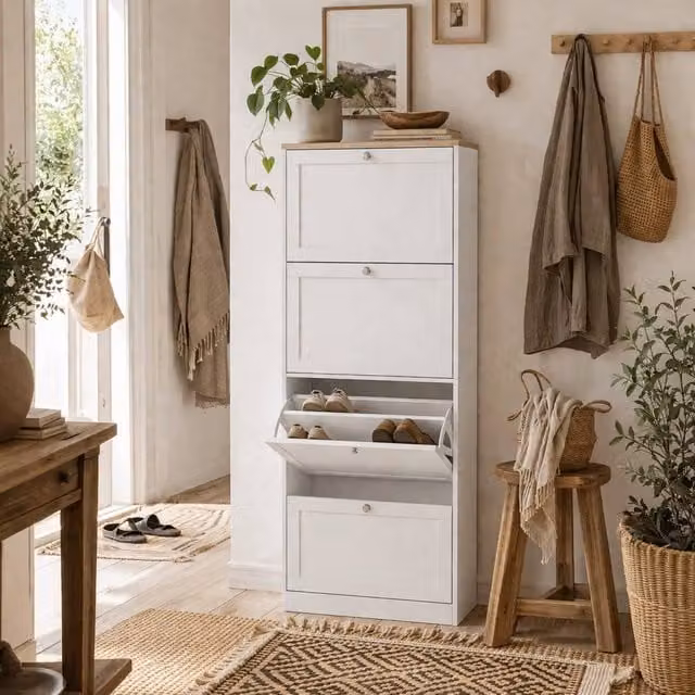 Wyld Haus Fiyofa Slim White 4 Drawer Shoe Cabinet W: 60 cm, D: 23.5 cm, H: 151 cm