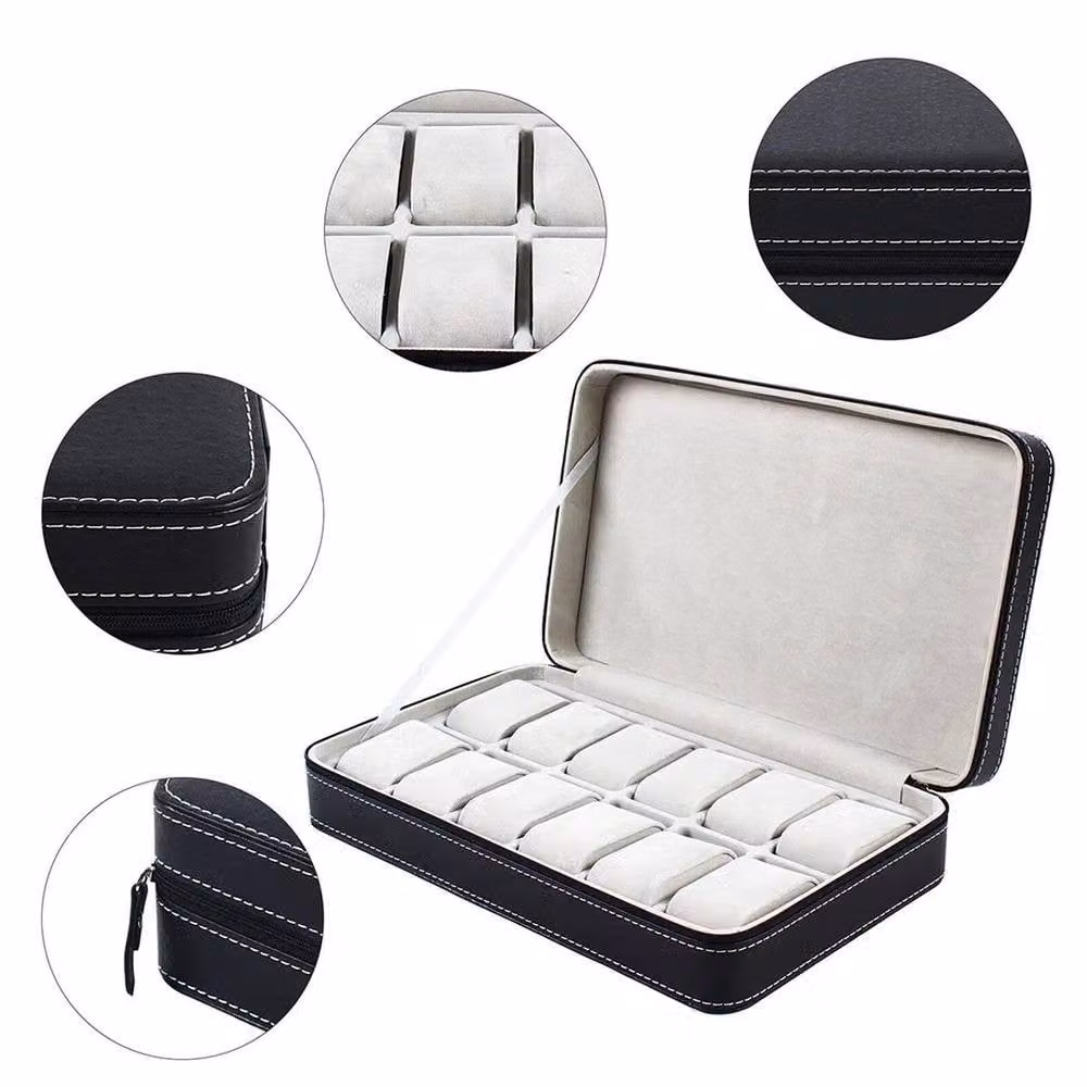 Hinsinc 12-Slot PU Leather Watch Travel Case in Black – 3
