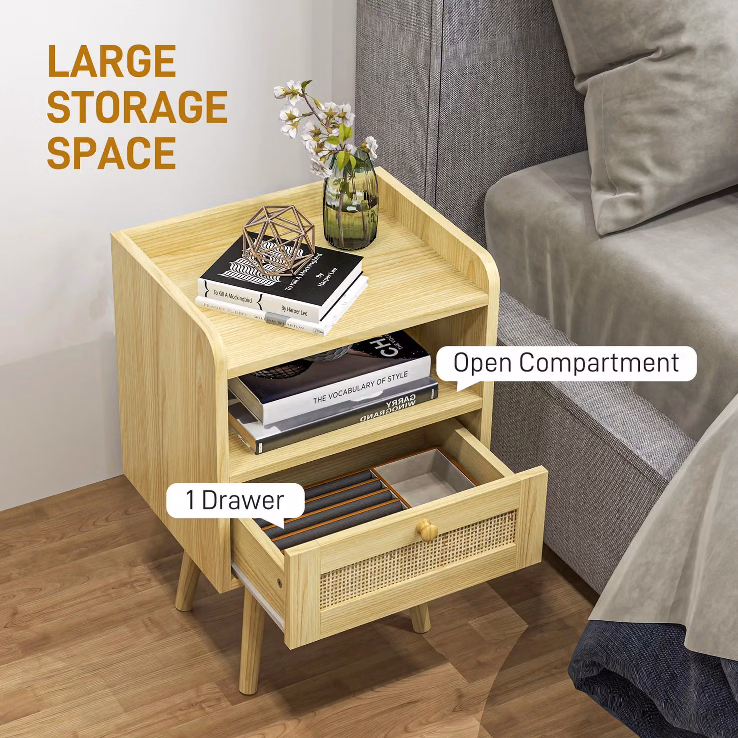 HOMCOM Set of 2 Boho Side End Tables with Drawer and Storage Compartment in Beige and Sand – 3