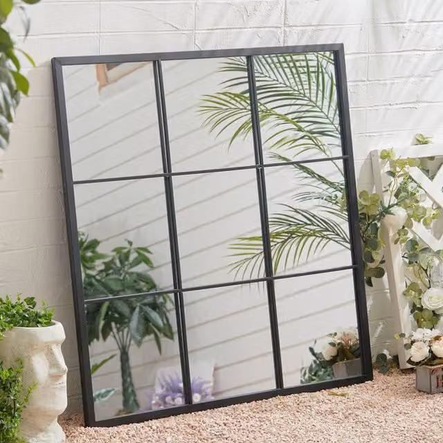 Livingandhome Square Glass Wall Mirror with Black Metal Window Grid Frame