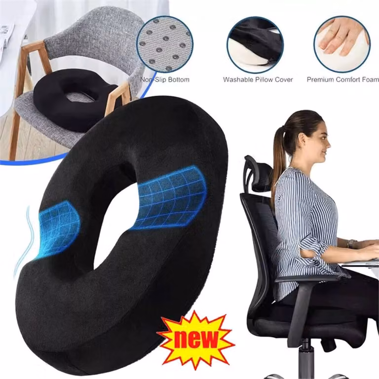 Nordara Large Orthopaedic Memory Foam Donut Seat Cushion in Black with Removable Machine Washable Cover