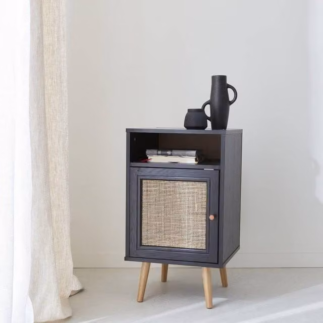 sweeek Scandi-style Bedside Table with Drawer in Black and Rattan Wood