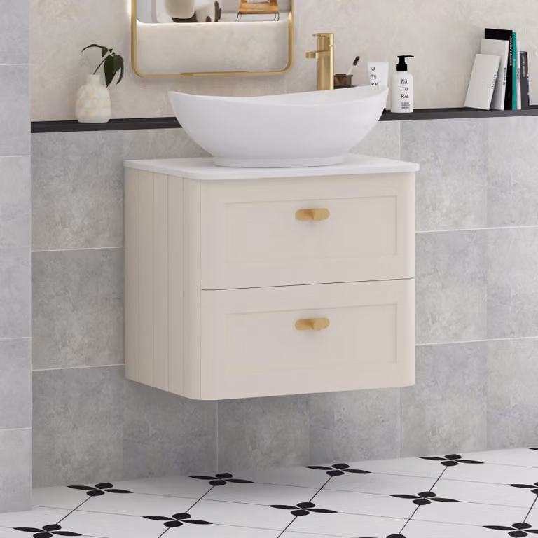 Royal Bathrooms Henley 600mm Mushroom Cashmere Wall Hung 2 Drawer Vanity Unit with Plain White Worktop, Amaze Basin and Brushed Brass Knob