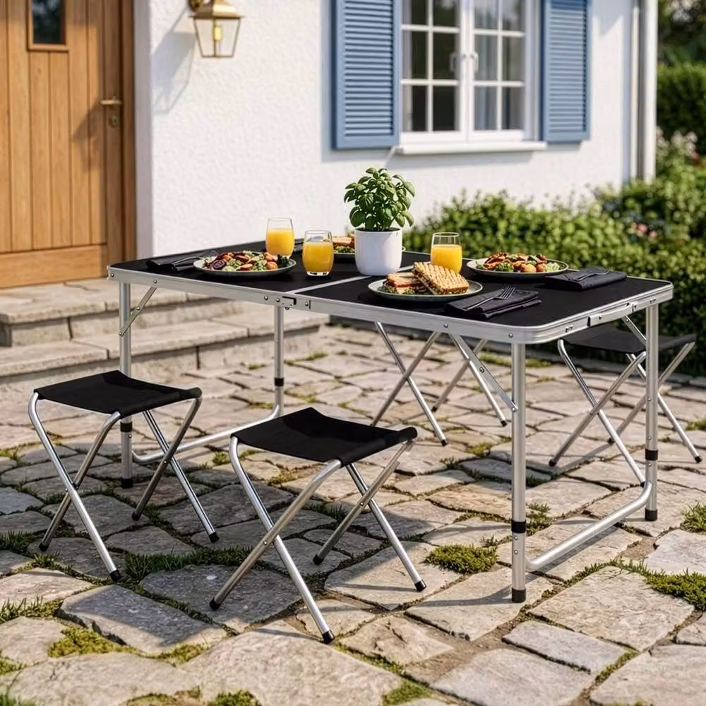 FLAVORA 5 Piece Aluminium Outdoor Camping Table and Stools Set in Black – 4