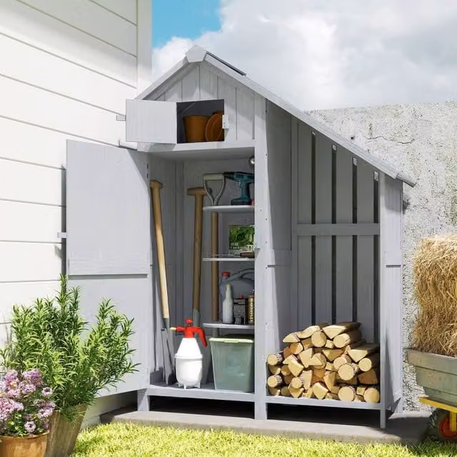 OUTSUNNY Grey Fir Wood Garden Storage Shed with Shelving and Log Rack, W/D/H: 121.0 x 54.5 x 180.0 cm