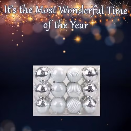 VFM e-Store Silver Round Christmas Bauble Hanging Tree Ornaments, Pack of 24, Diameter: 8 cm – 4