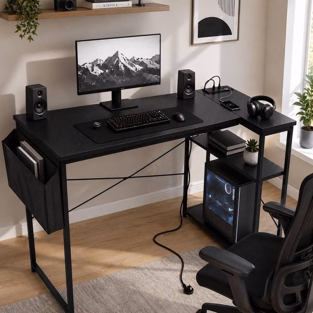 House of Home Reversible L-Shaped Carbon Fibre Gaming Desk with Built-In Sockets, Black, W: 100 cm, H: 75 cm – 4