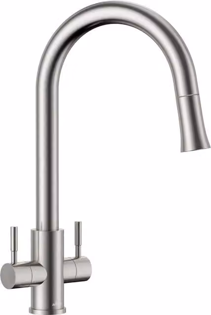 Appaso Dual Lever Monobloc Kitchen Sink Mixer Tap with Pull Out Spout in Brushed Silver Stainless Steel – 1