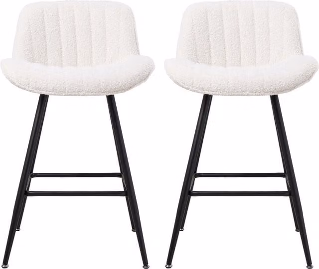 Livingandhome Set of 2 White Sherpa Fleece and Bouclé Upholstered Bar Stools with Metal Legs