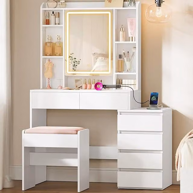 VASAGLE Modern White Dressing Table with Hollywood LED Lights and Power Outlets