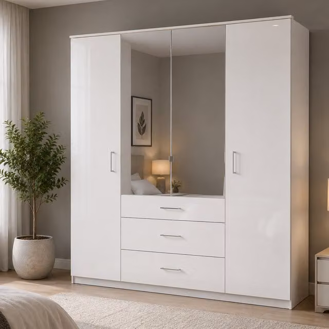 Clack White Modern 4 Door Mirrored Wardrobe with Internal Shelves and Hanging Rod, Width: 180 cm