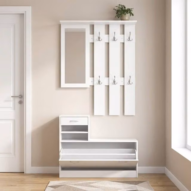 STILVORA White Shoe Cabinet with Mirror and Hinged Doors, H: 116 cm, W: 90 cm, D: 24 cm