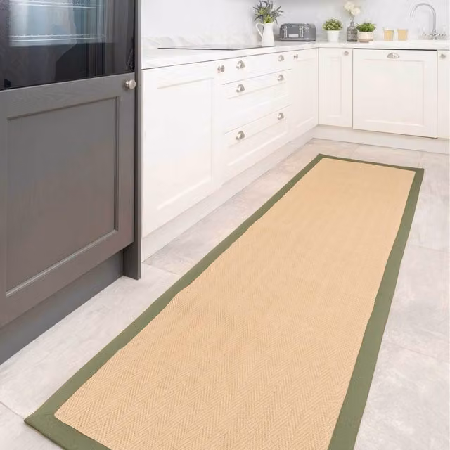 The Rug House Woven Jute and Cotton Herringbone Area Rug in Green, Brown and Beige, W: 240 cm, D: 70 cm