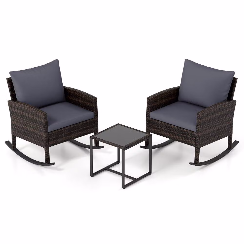 Gymax 3-Piece Grey Rattan Rocking Bistro Set with Glass Coffee Table – 8