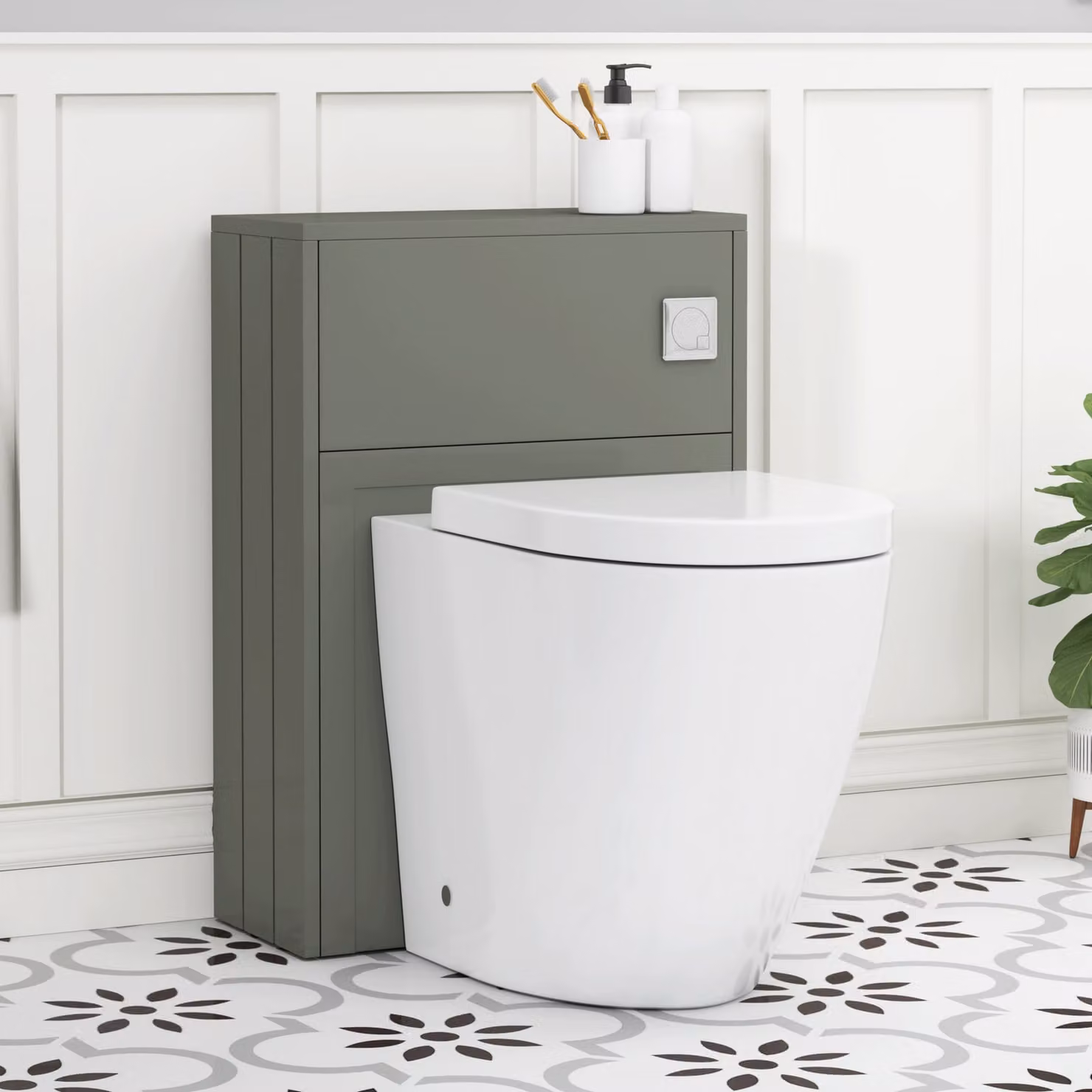 Royal Bathrooms Elmore Matt Green BTW WC Unit with Elva Rimless Short Projection Ceramic Toilet Pan, Seat and Cistern, Width: 55 cm