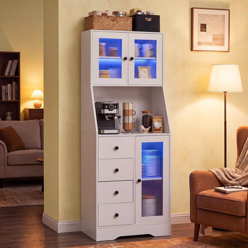 Gymax White Freestanding Kitchen Pantry Cabinet with Integrated LED Lights and Coffee Bar Storage – 2