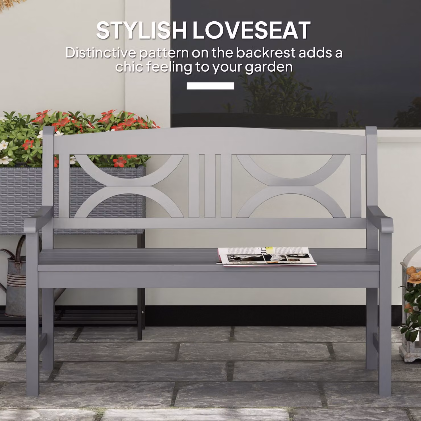 Outsunny 2-Seater Wooden Garden Bench with Armrests, Grey – 4