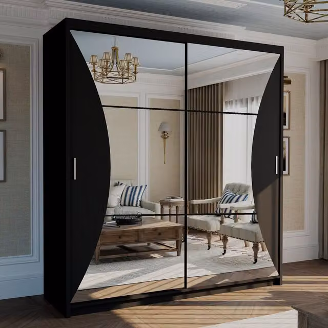 MN Furniture Canberra Sliding Wardrobe with Mirror and LED Light, Black, W: 150 cm, H: 217 cm