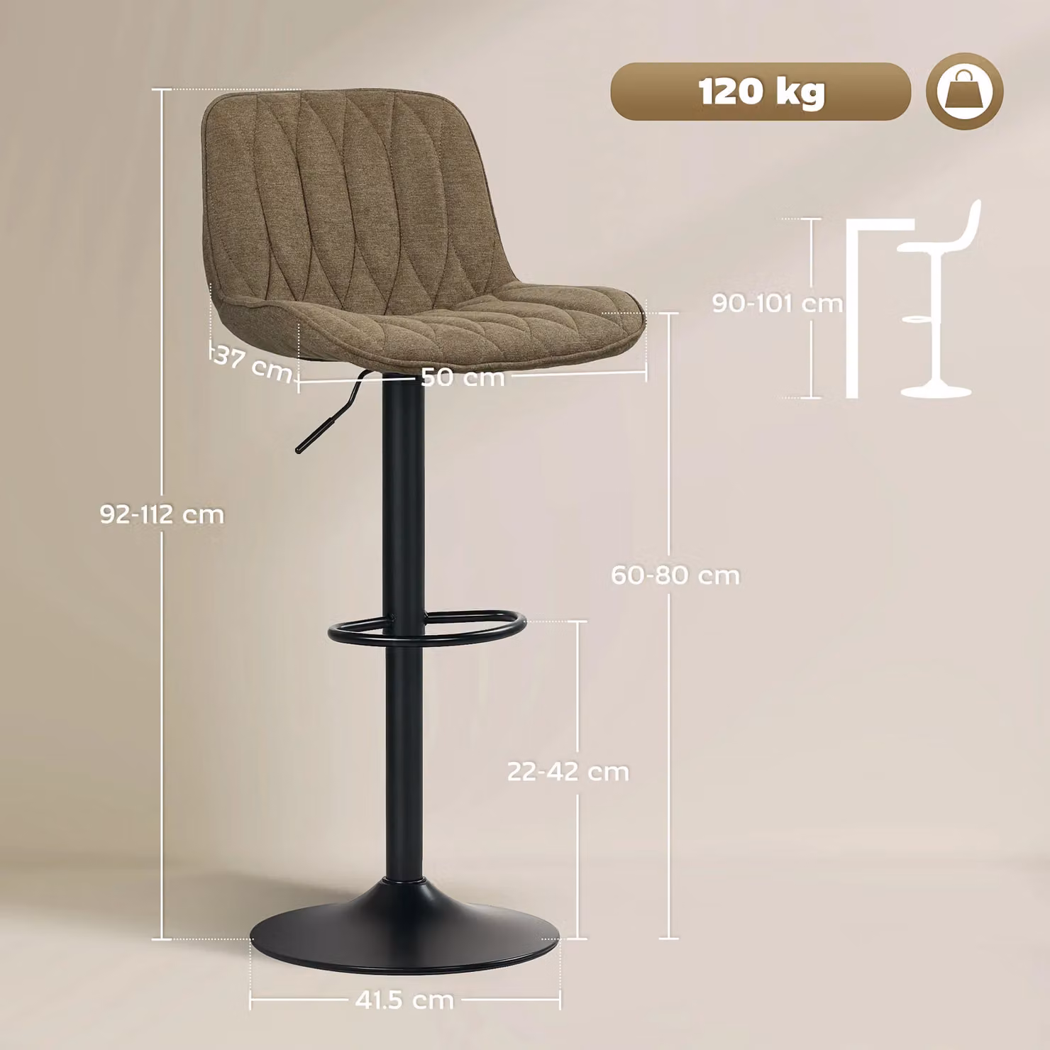 HOMCOM Set of 2 Modern Brown Upholstered Bar Stools with Metal Frame – 3