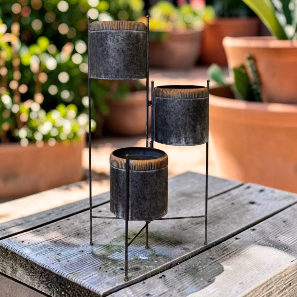 Four Candle Three Tier Galvanised Steel Planter Stand in Grey, H 86 x W 45 x D 24 cm – 2