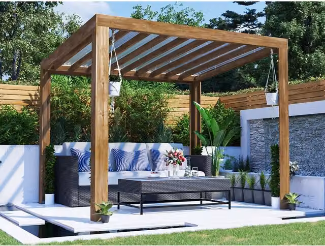 Dunster House Wooden Pergola with Roof, Brown, W/D/H: 250 x 250 x 250 cm