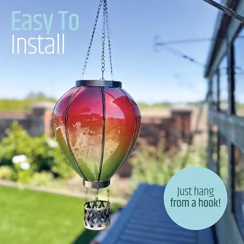 GardenKraft 10919 Hot Air Balloon Solar Powered Outdoor Lantern with Warm White LED Flame Effect in Red and Multicolour – 5