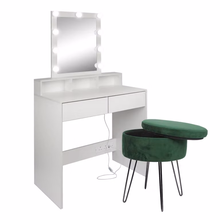 Harbour Housewares Modern Wooden Dressing Table Set with LED Lights and Stool in Green