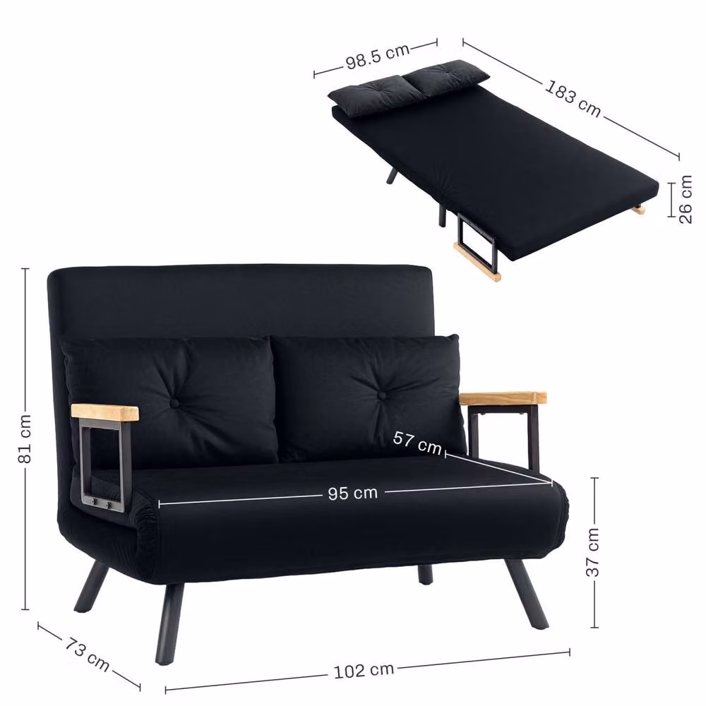 Wyld Haus Tarico Black 4 in 1 Convertible Double Sofa Bed with Velvet Fabric and Scatter Cushions, W/D/H: 140 x 200 cm – 4