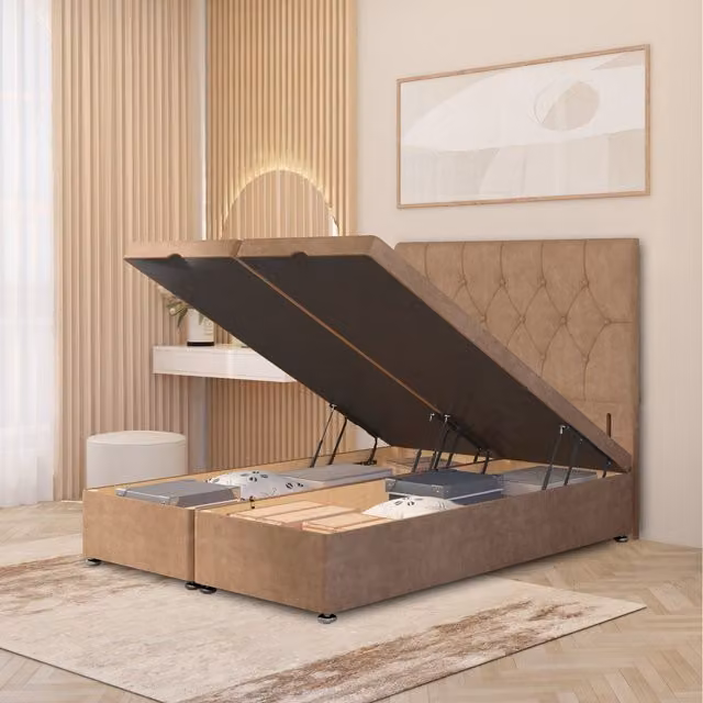 Somnior Beds Ltd Chesterfield Velvet Ottoman Divan Bed with Gas Lift and Floor Standing Headboard, Beige, W/D/H: 140 x 200 cm
