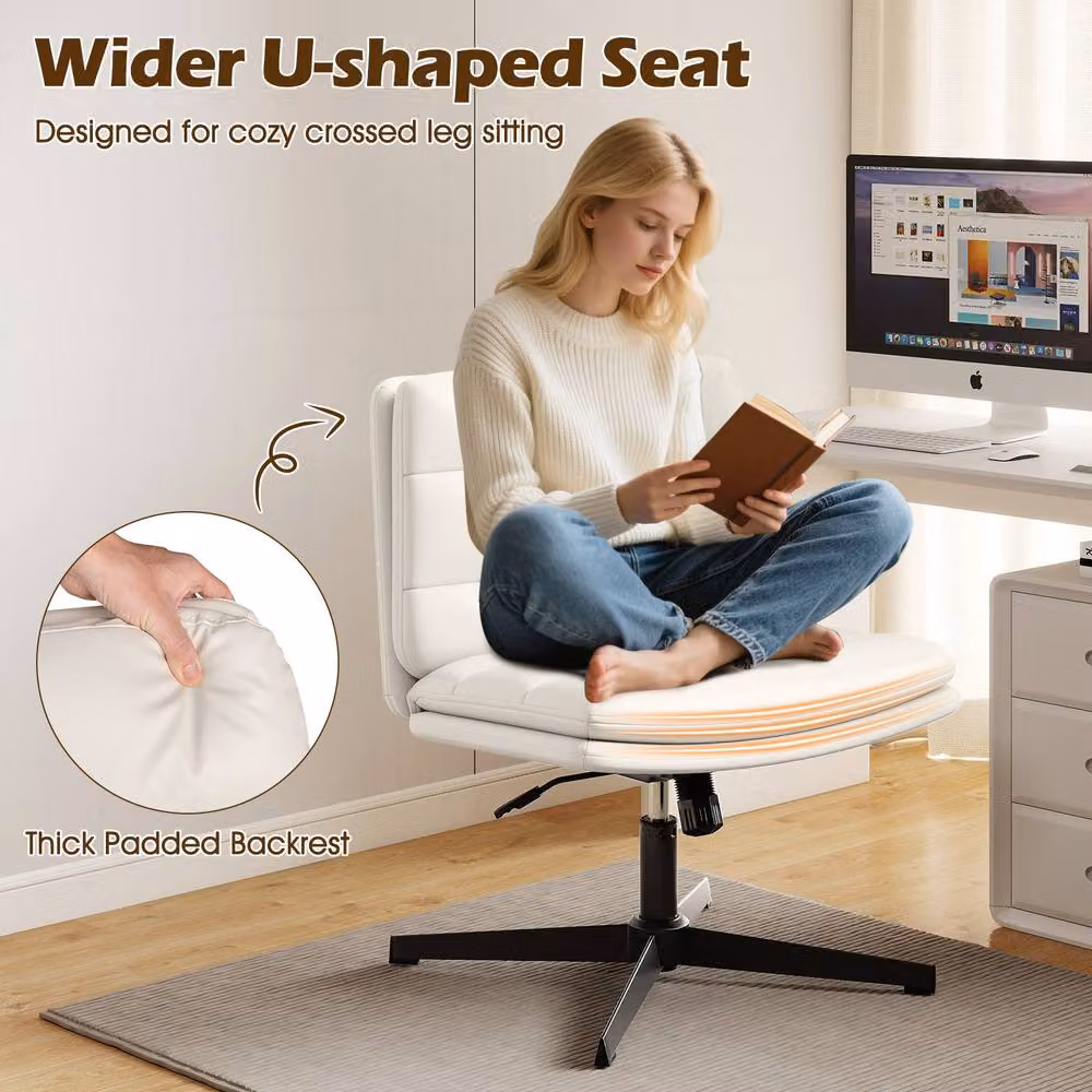 Gymax Height Adjustable Mid-Back Cross Legged Makeup Vanity Chair in White – 4
