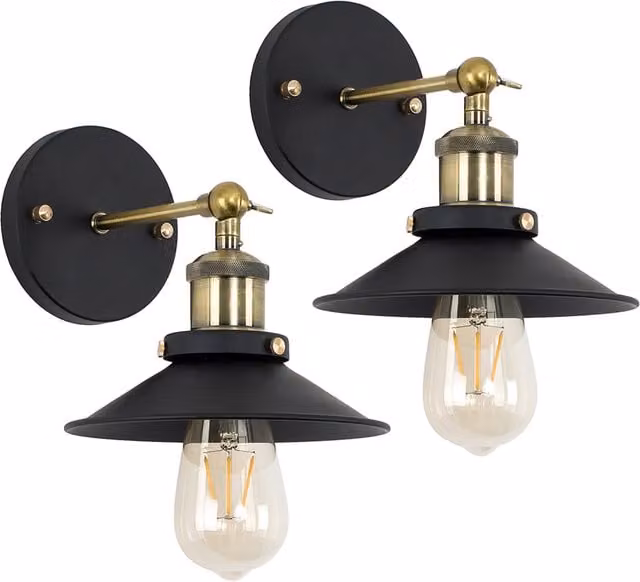 ValueLights Pair of Industrial Style Black and Antique Brass Metal Cone Wall Lights