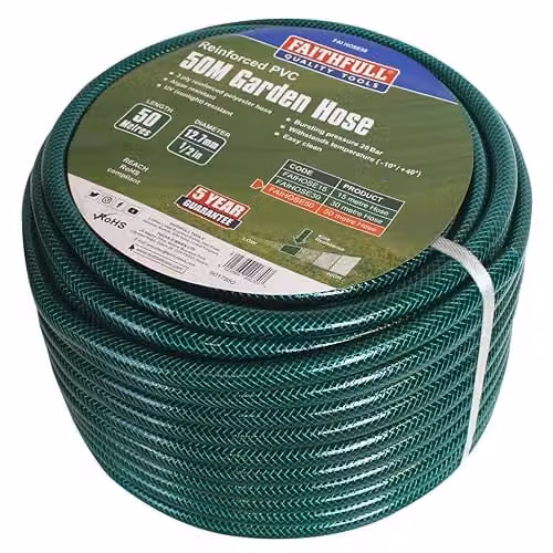 Faithfull Green Reinforced PVC and Polyester Garden Hose Pipe, 50 m, 1/2 inch Diameter – 1