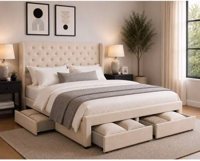 Groundlevel Westbury Velvet Upholstered Bed Frame with Storage Drawers in Beige, Size: 200 x 200 cm